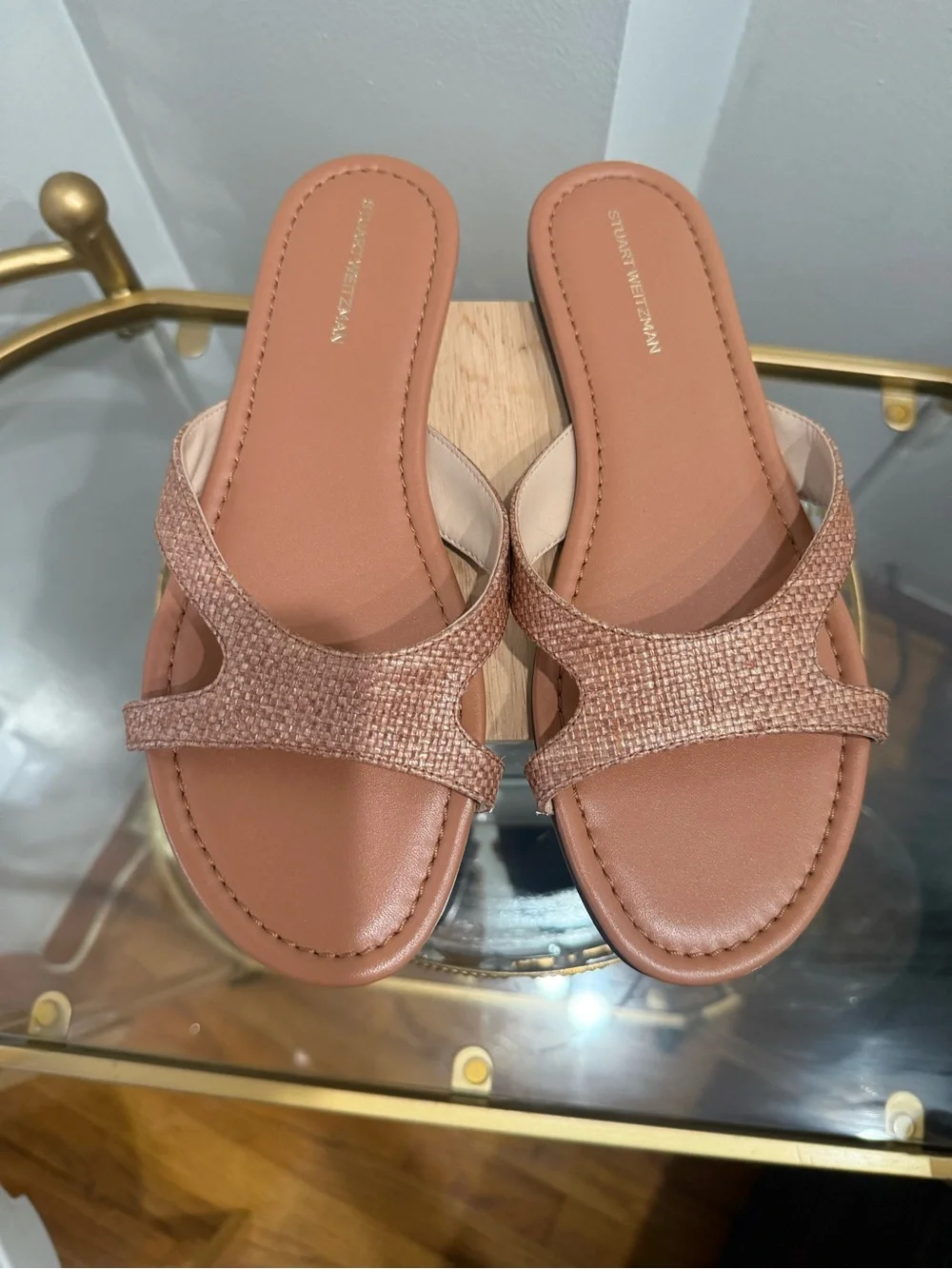 Stuart Weitzman Rose-Tan Textured Slip-On Sandals